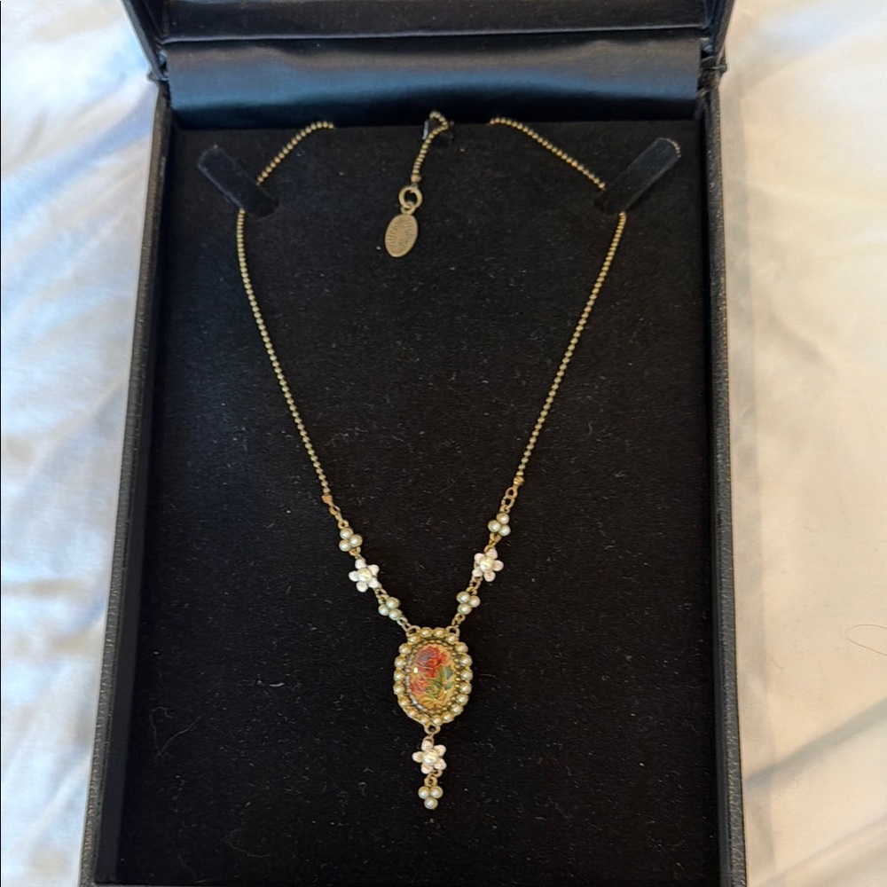 Michal Negrin Gold Floral Portrait Pendant Necklace with Pearl Accents